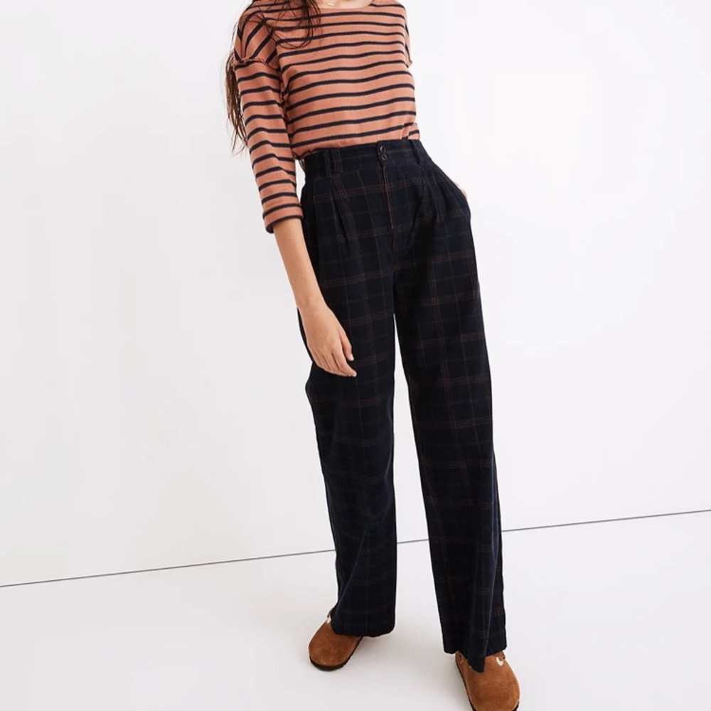 Madewell corduroy wide leg pleated windowpane plaid trousers pants 2